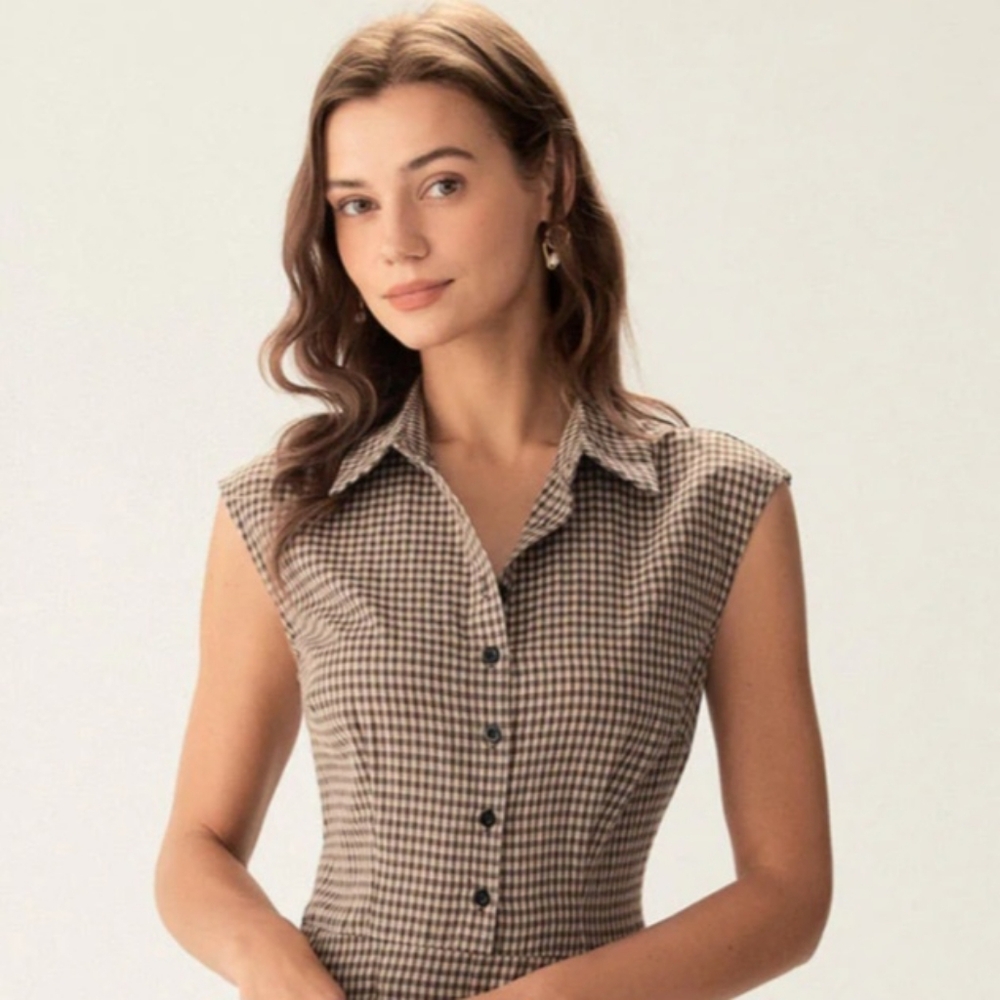 NWT Rihoas Brown Plaid Button Pleated Midi Dress - Picture 4 of 17